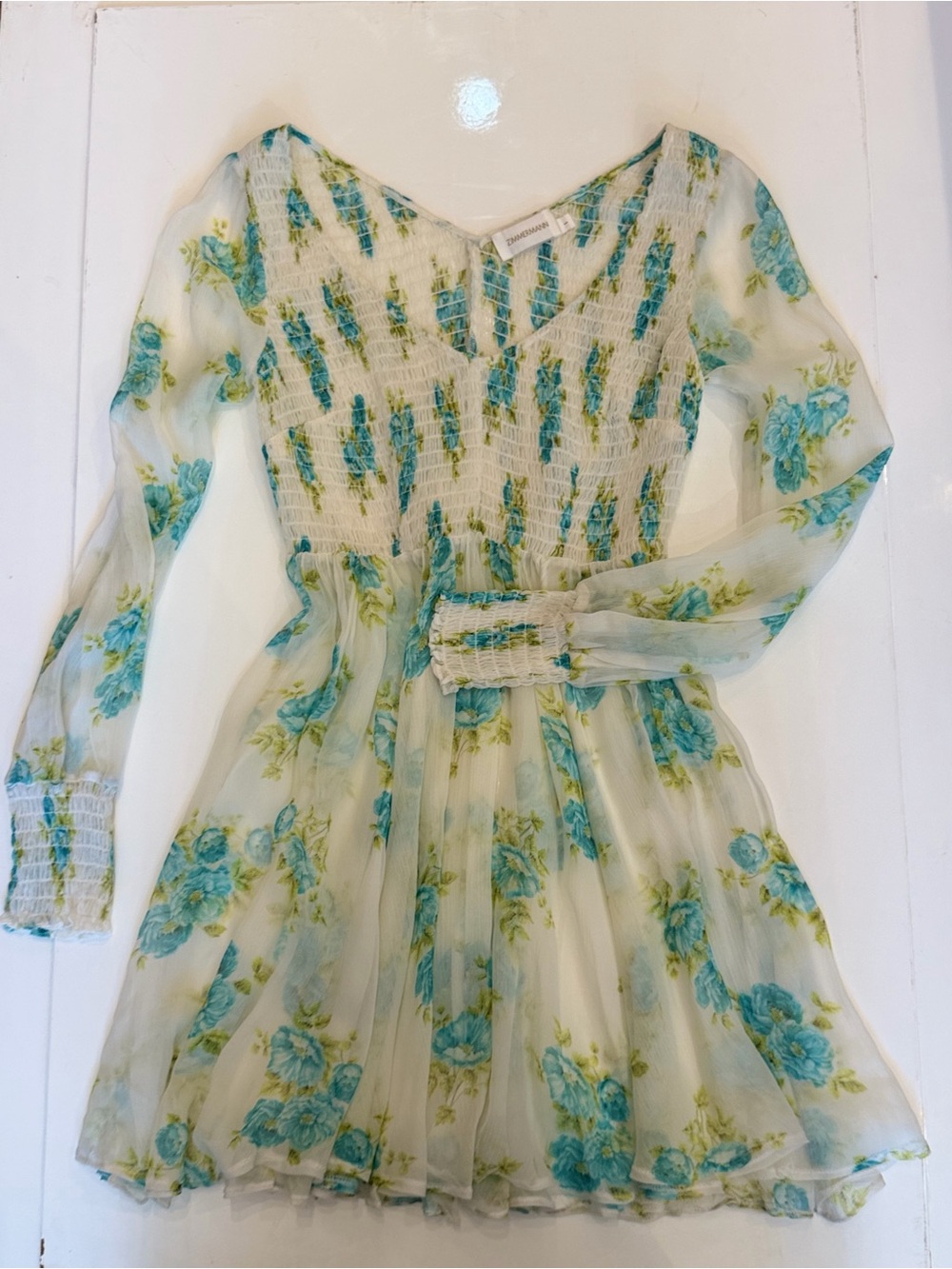 Zimmermann Cream Chiffon Kids Dress with Blue Floral Print